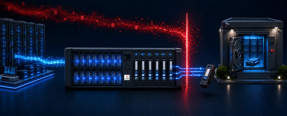 sayFUSE appliance with removable backup drives between attacked servers and a vault