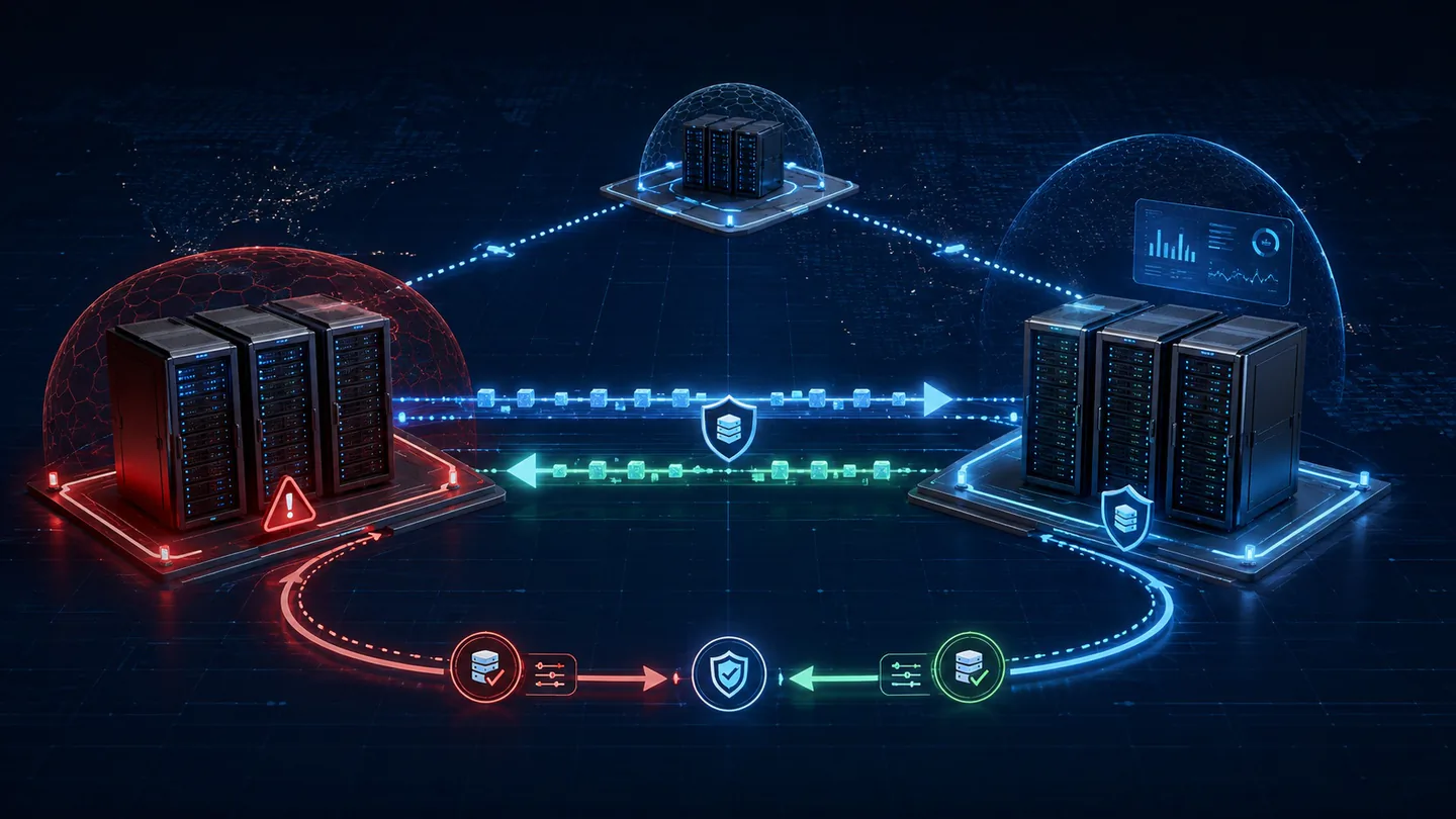 Two server racks synchronising